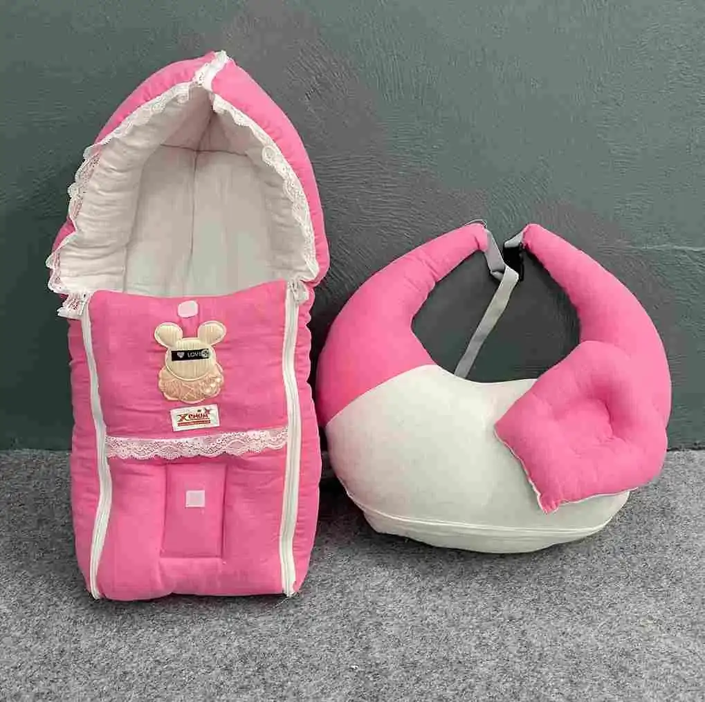 Xemum Muslin Nursing Pillow-Safety Bed Combo P-6 Pink Color soft breathable baby feeding pillow and newborn safety bed